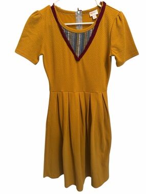 LuLaRoe Mustard Knit Yellow Dress with Burgundy Trim. Size Small